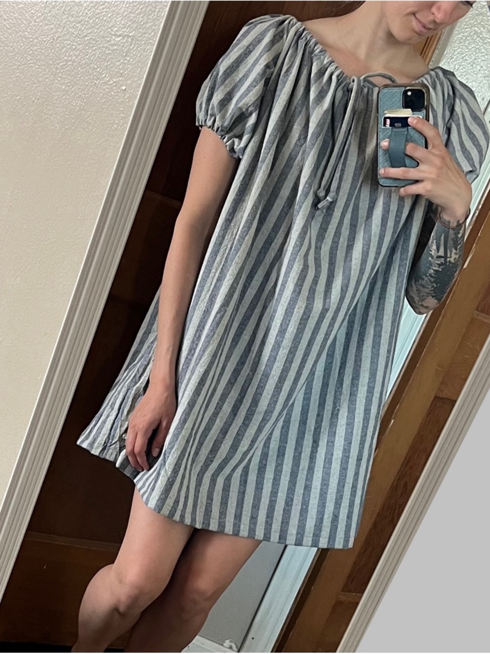 Handmade Grey Stripes Puff Sleeve Mini Dress Flowy Tie-Front Cottagecore Size S